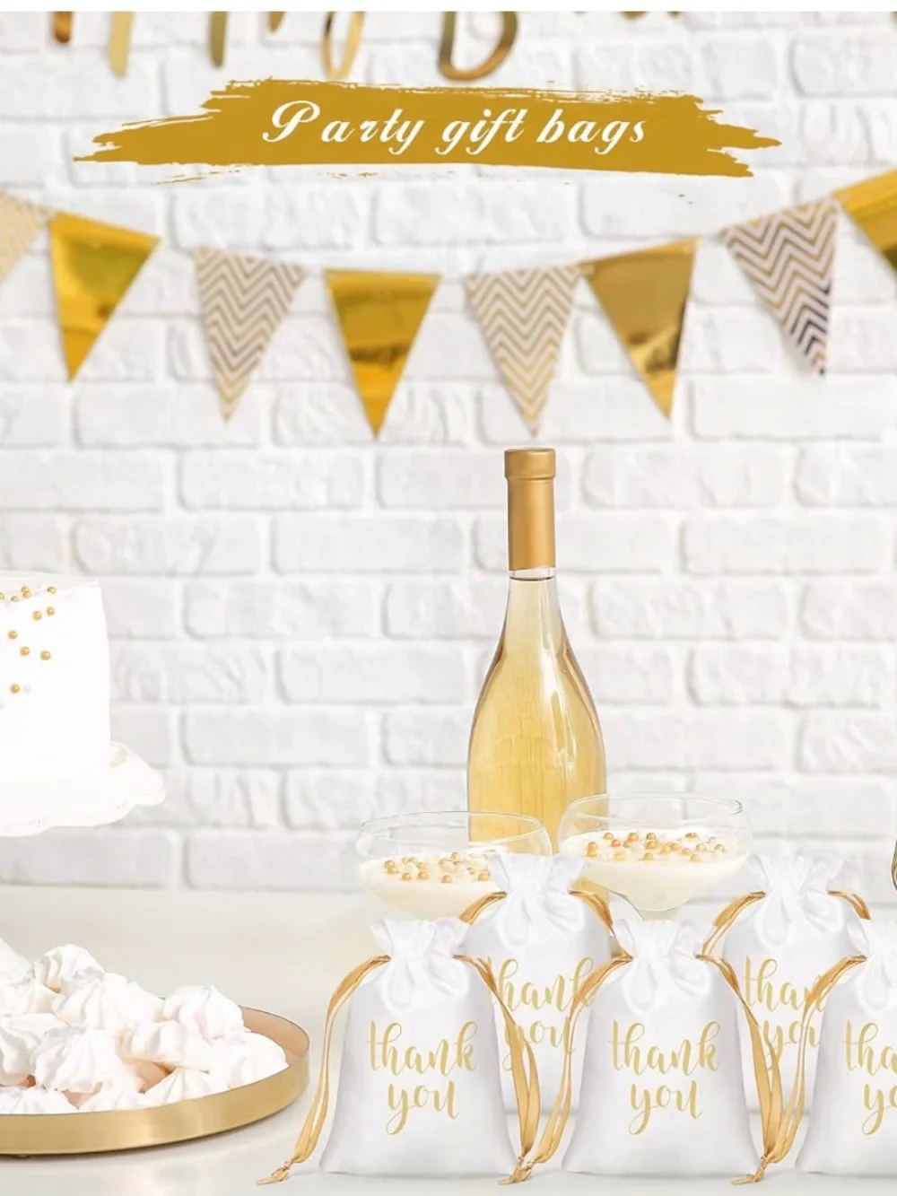 White and Gold 'Thank You' Drawstring Favor Bags - Party Supplies